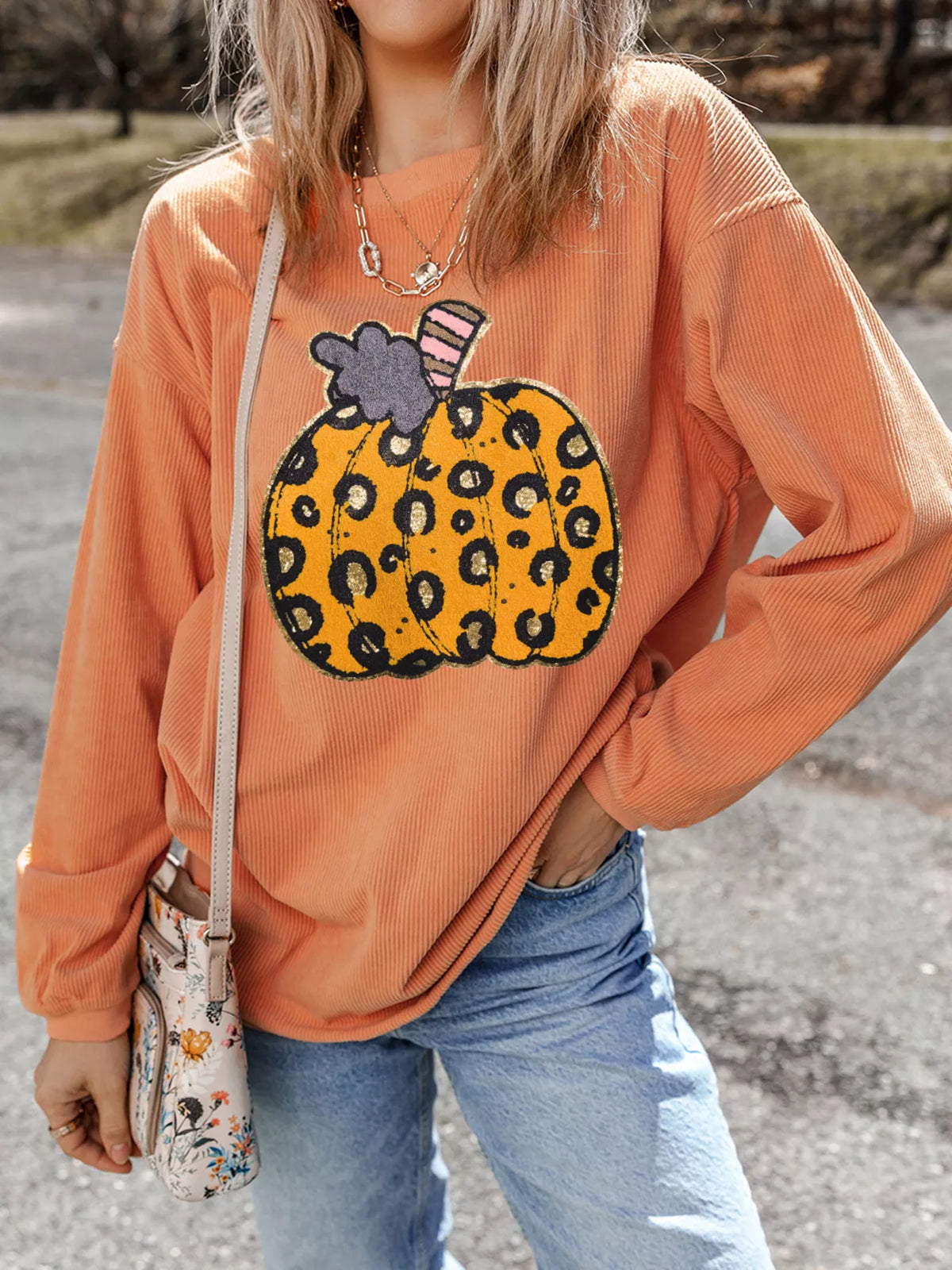Halloween Leopard Pumpkin Patchwork Ribbed Sweatshirt – Mayce Halloween Edit