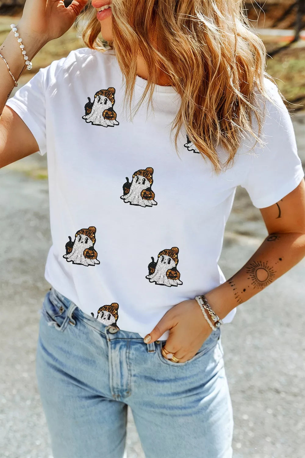 Full Size Halloween Sequin Ghost Print Short Sleeve Casual T-Shirt Plus Size – Mayce Halloween Edit