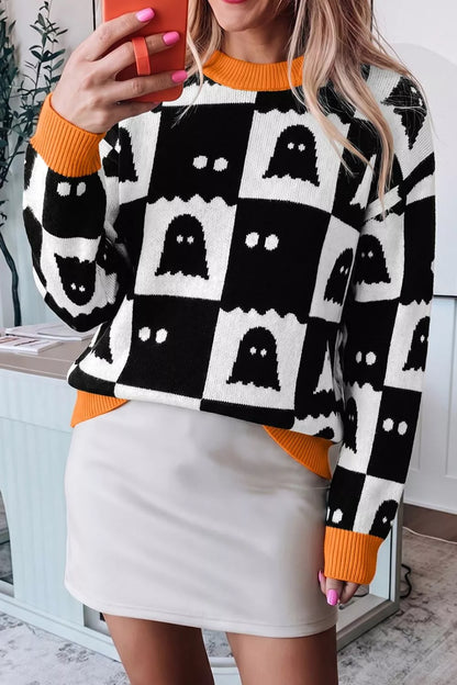 Halloween Ghost Pattern Checkerboard Sweater – Mayce Halloween Edit