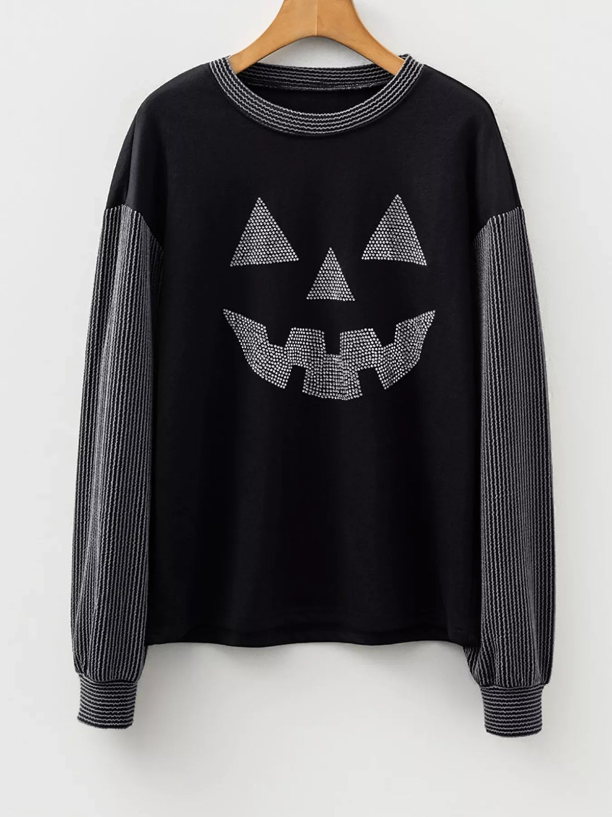 Halloween Rhinestone Pumpkin Face Contrast Ribbed Long Sleeve Patchwork Top – Mayce Halloween Edit