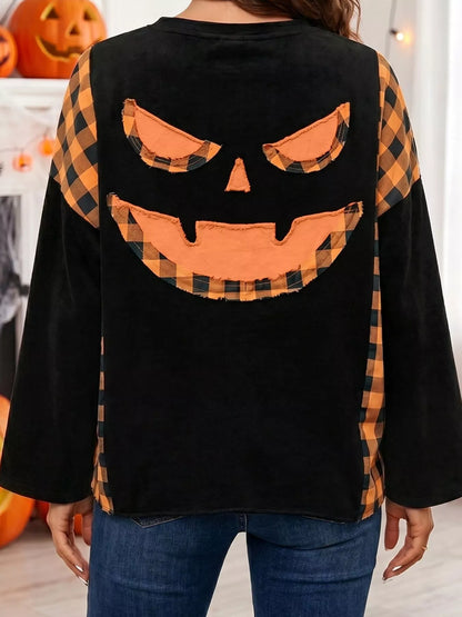 Patchwork Plaid Pumpkin Face Long Sleeve Top – Mayce Halloween Edit