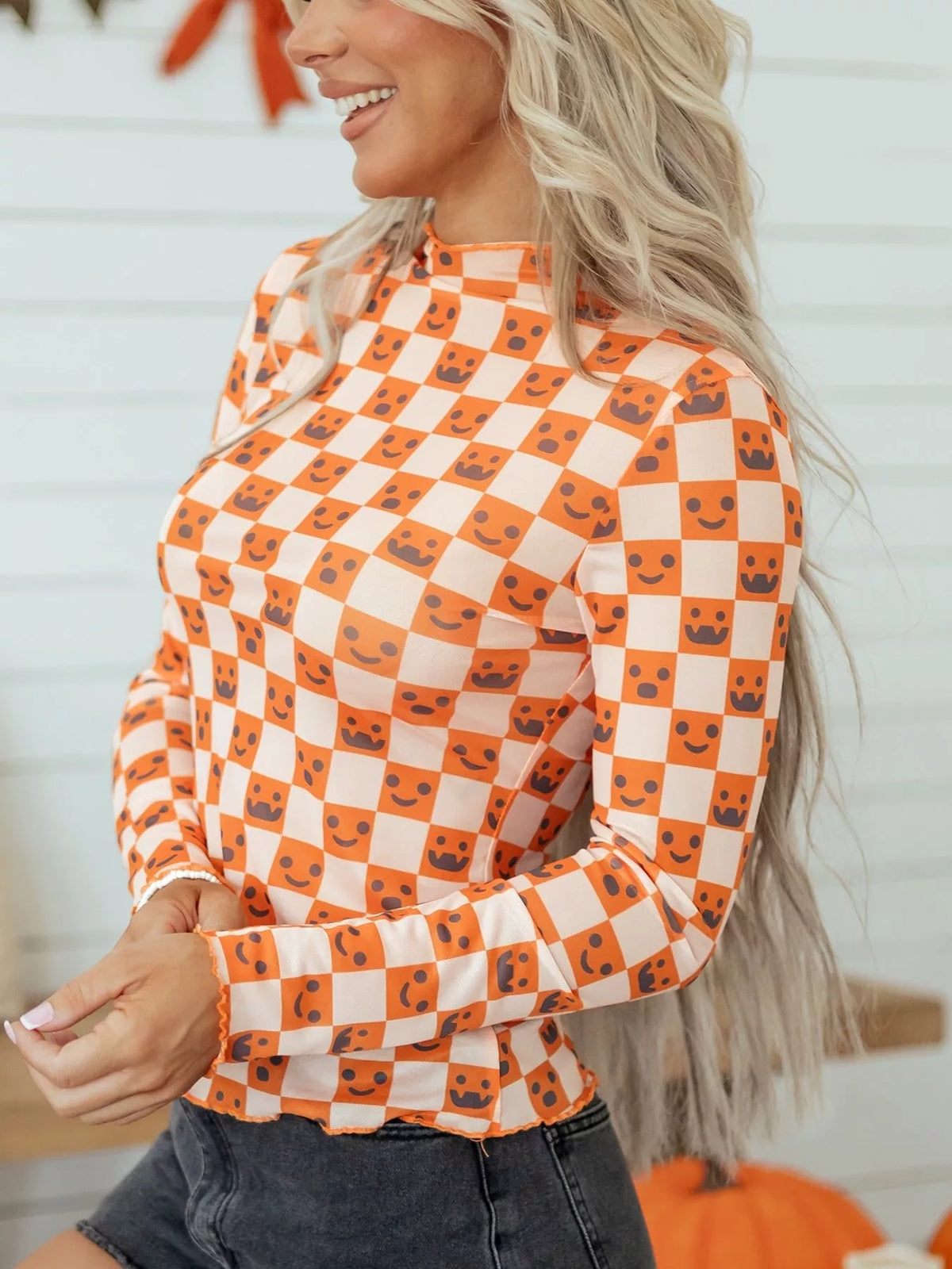 Abstract Halloween Pattern Long Sleeve Mock Neck Blouse – Mayce Halloween Edit