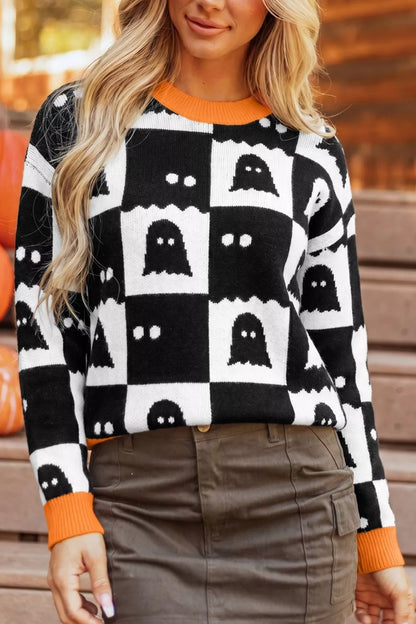Halloween Ghost Pattern Checkerboard Sweater – Mayce Halloween Edit