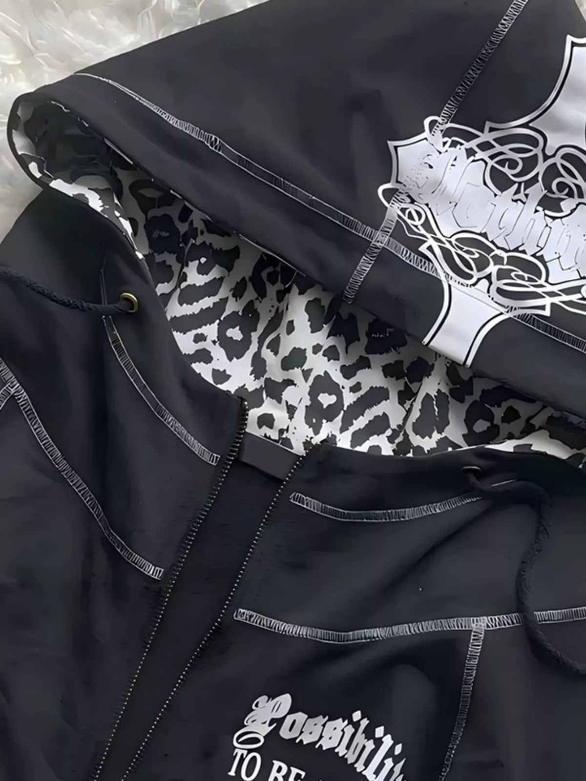 Gothic Cross Leopard Lined Zip-Up Hoodie – Mayce Halloween Edit