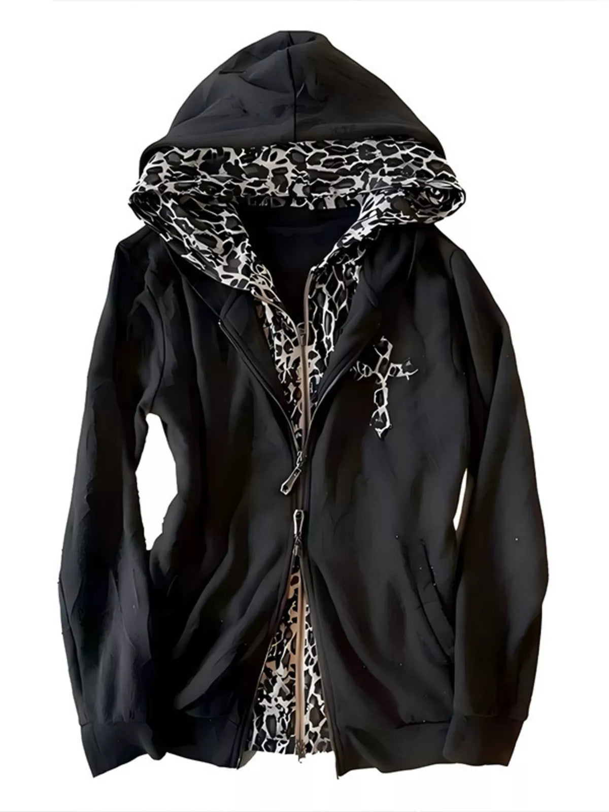 Gothic Cross Leopard Lined Zip-Up Hoodie – Mayce Halloween Edit