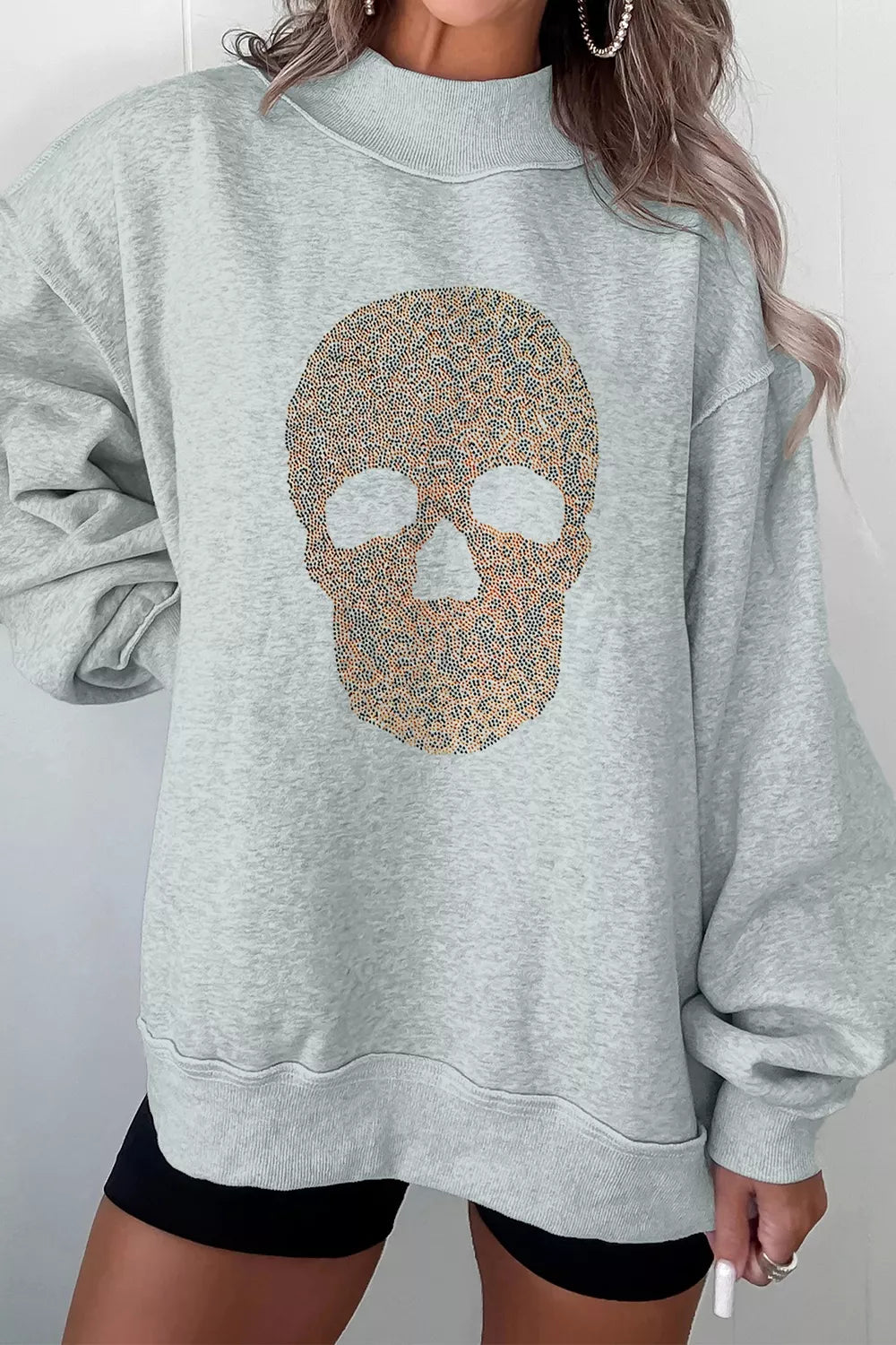 Halloween Rhinestone Skull Graphic Mock Neck Baggy Pullover Sweatshirt – Mayce Halloween Edit