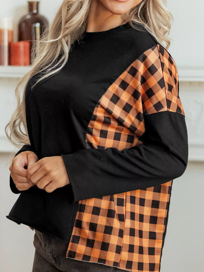 Patchwork Plaid Pumpkin Face Long Sleeve Top – Mayce Halloween Edit